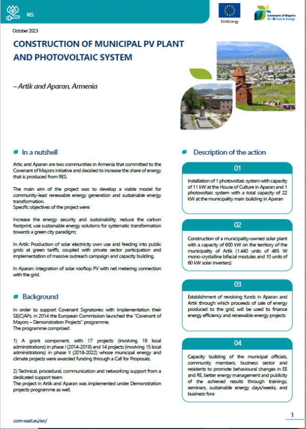 Armenia, Artik and Aparan: Construction of municipal PV plant and photovaltanic system